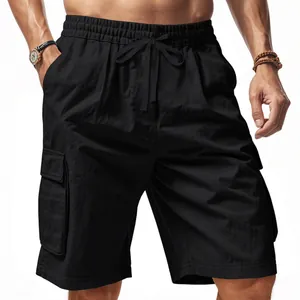 Detailed view of black men's cargo shorts with elastic drawstring waist and large pockets.