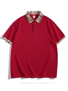 Detail of red men's polo shirt featuring a stylish plaid collar and button neckline