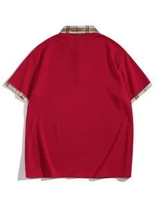 Back view of red mens polo shirt featuring classic plaid collar and sleeve edge trim.