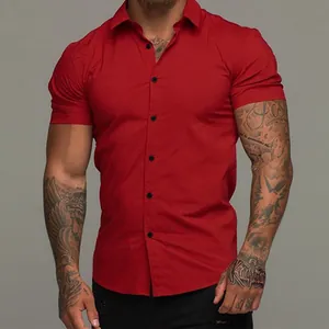 Close-up of red slim-fit short-sleeved shirt with black buttons on a muscular model