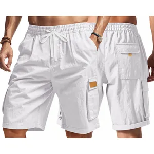 Men's loose white tactical cargo shorts featuring multiple pockets and drawstring
