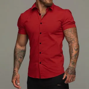 Slim fit muscle-cut short sleeve red button-down shirt for men featuring a classic lapel.