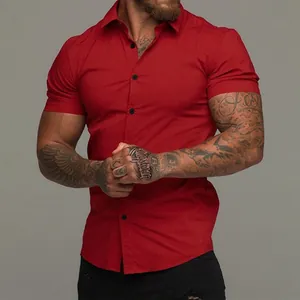 Red muscle fit short sleeve button down shirt for men with lapel collar detail