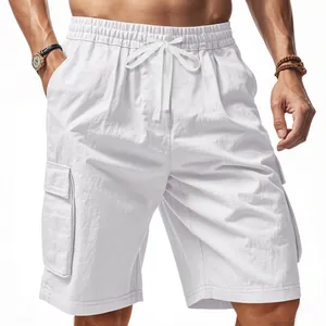 Detailed view of white men's cargo shorts featuring drawstring waist and large side pockets