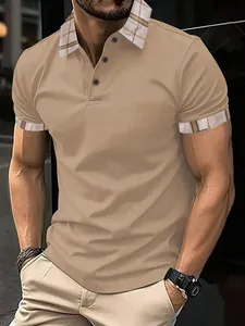 Men Summer Casual Plaid Polo Shirt Short Sleeve Waffle Texture Breathable Button Top For Outdoor Sports Fashion Apparel