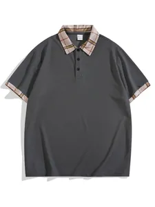 Men's summer breathable grey polo shirt with contrast plaid collar and sleeve cuffs