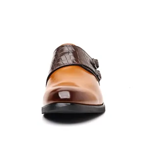 Elegant brown leather monk strap dress shoes for men with crocodile pattern strap