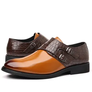 Men's brown monk strap formal leather shoes with crocodile texture accent
