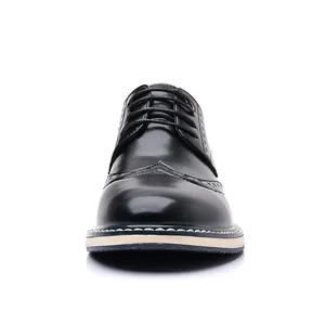 Frontal view of black Brogue Derby leather shoes for men, classic business style