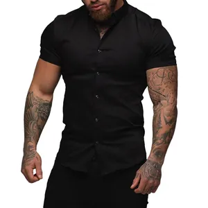 Professional muscle fit men's black short sleeve button-down shirt for casual wear