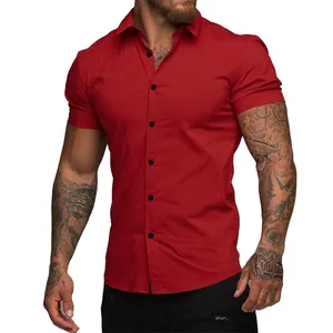 Men's red slim fit short sleeve button down shirt with casual muscle shaping design
