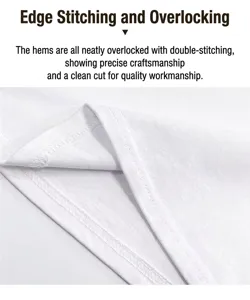 Dettaglio dell'orlo a doppia cucitura di una maglietta in cotone bianco premium da 220g.
