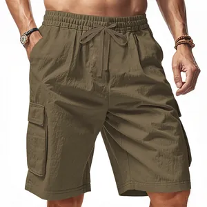 Close-up of men's cargo shorts with drawstring elastic waist and side pockets