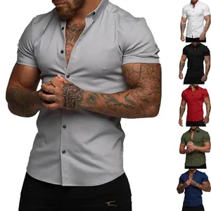 Muscle Fit Men Short Sleeve Shirt Polyester Spandex Slim Fit Turn Down Collar Solid Color Button Down Summer Casual Top