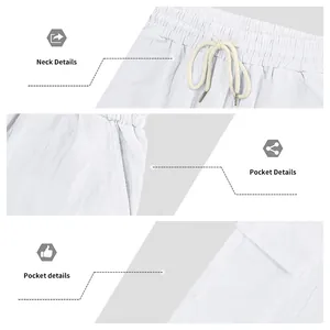 Nahaufnahme von Kordelzug am Bund und Taschendetails an weißen Cargo-Shorts