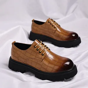 Vista prospettica di scarpe derby marroni con trama a coccodrillo su sfondo bianco