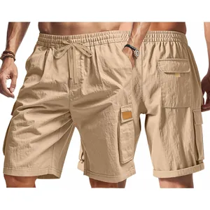 Detail views of khaki men's cargo shorts featuring multi-pockets and drawstring waist.