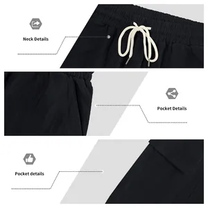 Detailansicht des elastischen Bunds und Taschendesigns der schwarzen Cargoshorts