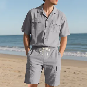 Graues Herren-Zweiteiler-Set mit Kurzarmhemd und Cargo-Shorts mit praktischem Kordelzug