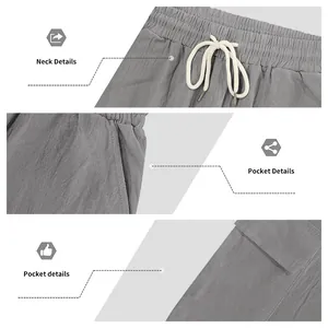 Nahaufnahme von Kordelzug am Bund und Cargo-Taschendetails an grauen Sportshorts