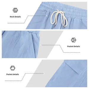 Detailansicht des Kordelzugs und der Taschendetails des hellblauen lässigen Shorts-Sets