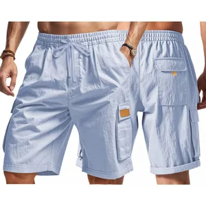 Detail showing front and back view of light blue men's cargo tactical shorts with pockets