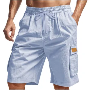 Close-up detail of light blue men's cargo shorts featuring a functional multi-pocket design
