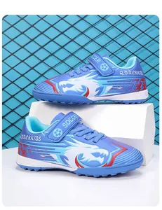 Chaussures de football bleues pour enfants avec motifs de dragon et bandes velcro