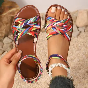 Damen Geflochten Flache Sandalen Boho Ethno Stil Kreuzbänder Elastischer Fersenriemen Römische Sommer Strand Lässige Sandalen PU Gummi Schuhe