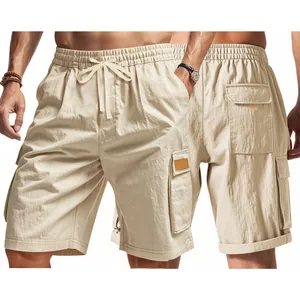 Detail view of men's beige cargo shorts with elastic drawstring waist and multi-pockets