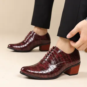 Vista dettagliata di eleganti scarpe in pelle da uomo con tacco alto e stampa coccodrillo