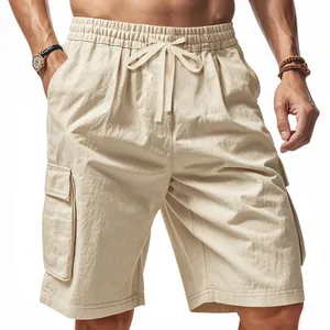 Front view detail of men's khaki cargo shorts with drawstring waist and side pockets