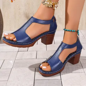 Elegant blue T-strap Roman sandals with block heel and open-toe design for summer.