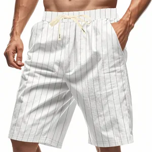 Men's casual white striped linen beach shorts with a comfortable drawstring waist