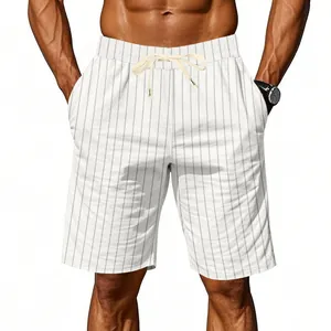 Detail of men's loose linen shorts with vertical stripes and drawstring waist