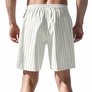 Rear view detail of men's loose breathable striped linen shorts with elastic waist