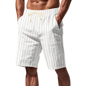 Detail view of men's white striped linen shorts with adjustable drawstring waist