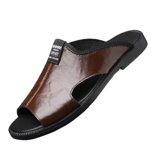 Breathable brown leather men's open-toe sandals with non-slip sole for the beach