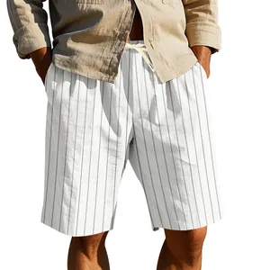 Detailed view of men's vertical striped linen shorts with breathable fabric and drawstring