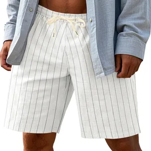 Detailed view of white vertical striped linen shorts with cream drawstring waist for men