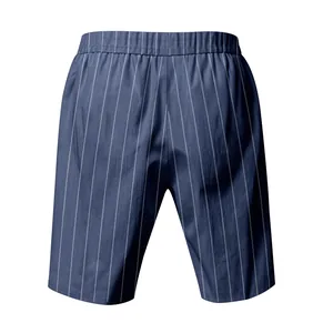 Back detail of men's blue vertical striped linen beach shorts with elastic waist band
