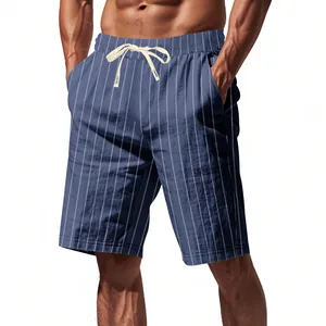 Detailed view of men's striped linen shorts with adjustable cream drawstring