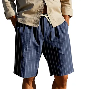 Detail view of men's breathable linen shorts with navy vertical stripes and drawstring