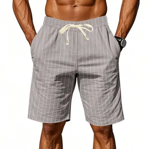 Casual men's grey vertical striped linen shorts with white drawstring shown on male model