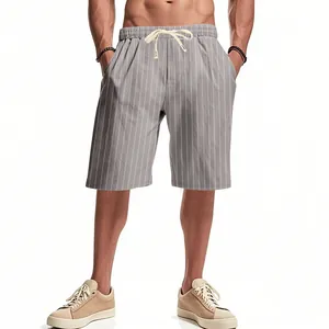Men's breathable grey striped linen beach shorts with adjustable drawstring waist detail