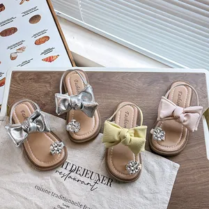 Girls Bow Rhinestone Princess Sandals 2025 Summer New Open Toe Synthetic Leather Rubber Sole Little Kids Party Dress Shoes