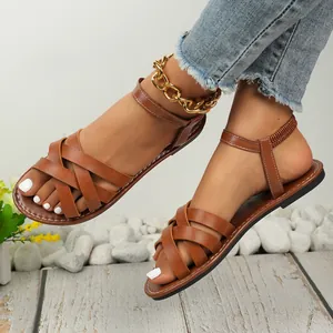 Women's Casual Roman Style Flat Sandals Multi-strap Cross Design Beach Shoes Summer Comfortable PU Leather Sandals