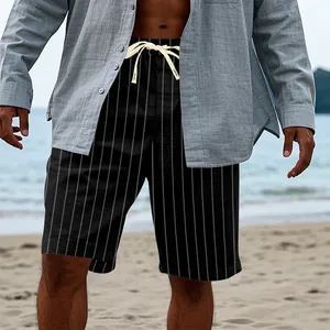 Detailed look at the men's trendy summer striped linen beach shorts with white drawstring