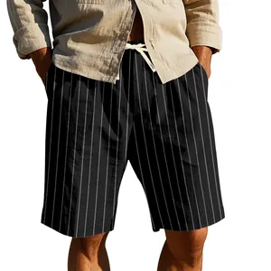 Detailed shot of men's vertical striped linen shorts with adjustable drawstring waist