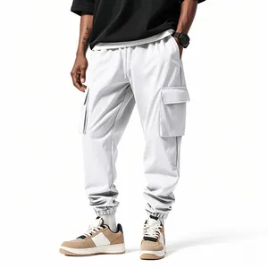 Pantaloni cargo bianchi uomo vestibilità comoda con tasche multiple e polsini elastici